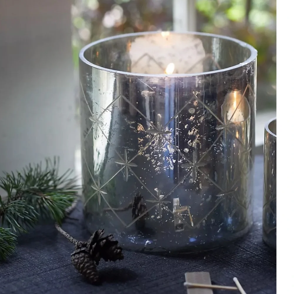 Set Mercury Glass Diamond Etched Set 2 hurricane candle holders